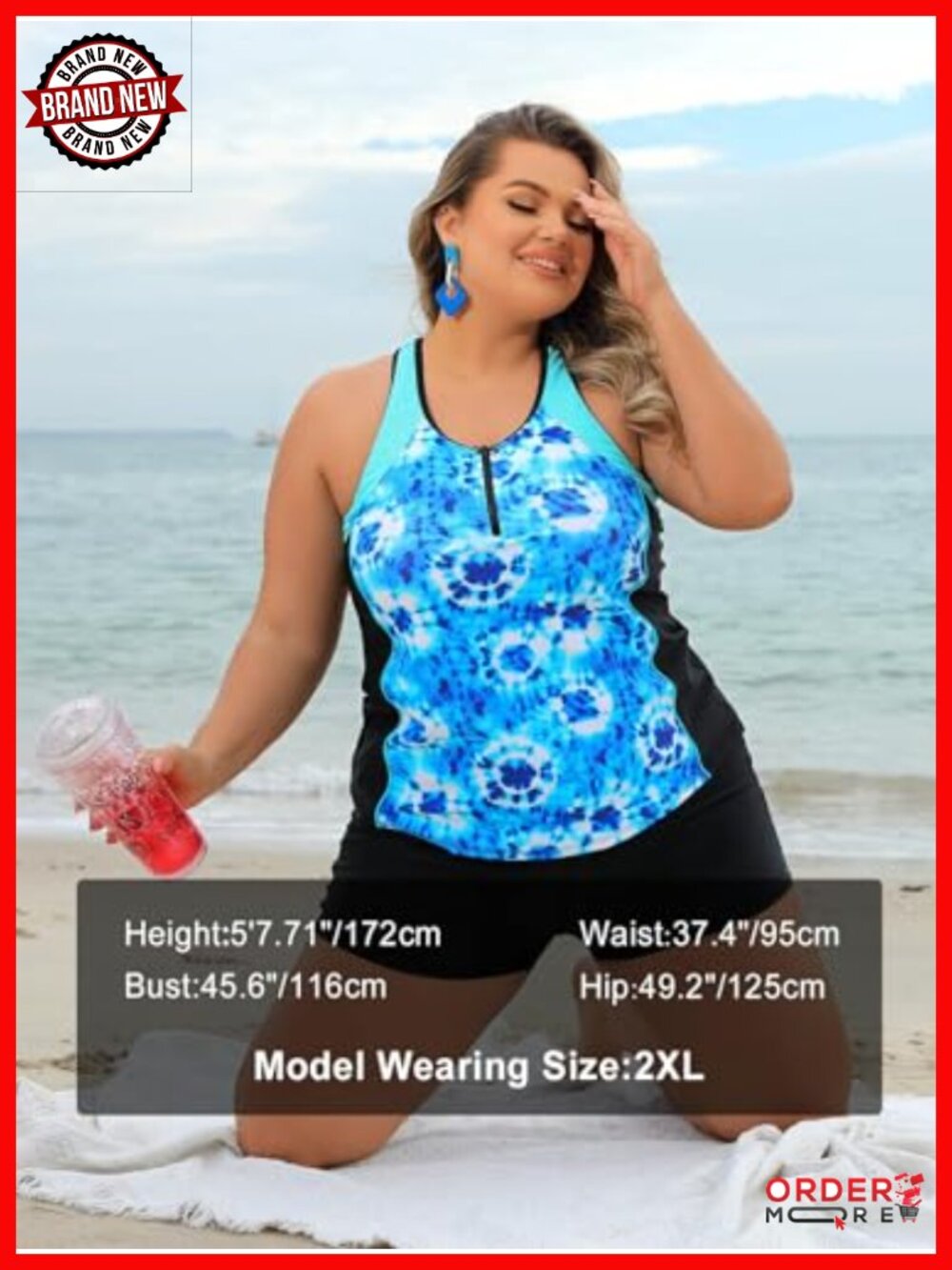 Plus Size Tankini Swim Top Tummy Control Zippered Racerback - Picture 3 of 6